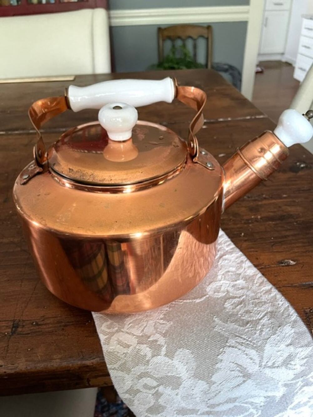 Vintage Copper Tea Kettle White Porcelain Handles Stove Top Farmhouse Cottage